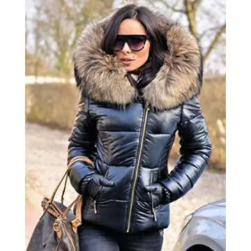 Aofur Womens Ladies Quilted Winter Coat Fur Collar Hooded Down Jacket Parka Outerwear (Medium, Black)