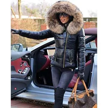 Aofur Womens Ladies Quilted Winter Coat Fur Collar Hooded Down Jacket Parka Outerwear (Medium, Black)