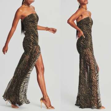 Women Tube Top Dress Tiger Stripe Mesh Patchwork Maxi Dress Strapless Sexy High Slit Long Dresses Pa...