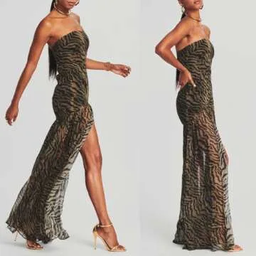 Women Tube Top Dress Tiger Stripe Mesh Patchwork Maxi Dress for Parties