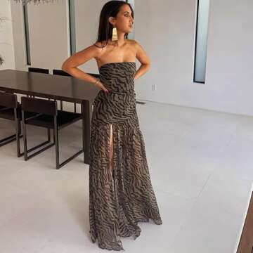 Women Tube Top Dress Tiger Stripe Mesh Patchwork Maxi Dress Strapless Sexy High Slit Long Dresses Party Clubwear (Brown,S)