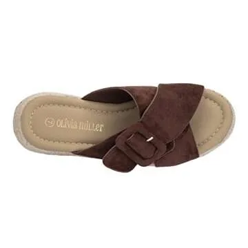 Olivia Miller Women’s Fashion Ladies Shoes, Criss Cross Strap n Buckle Espadrille Flatform, Trendy Party Slide On 2 Inch Mid Low Chunky Platform Fashion Heeled Sandals