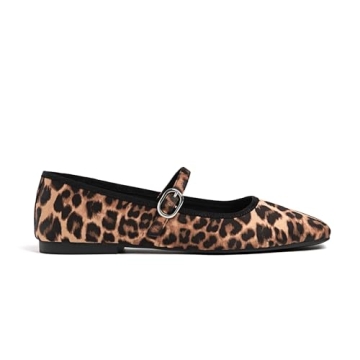 Leopard Ballet Flats for Women Velvet Animal Print Square Toe Mary Jane Flats Silver Buckle Comforta...