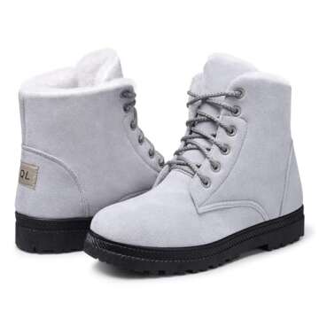 SHIBEVER Winter Snow Boots for Women: Gray Warm Fur Lined Ankle Boots Comfortable Suede Lace Up Boot...