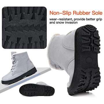 SHIBEVER Winter Snow Boots for Women: Gray Warm Fur Lined Ankle Boots Comfortable Suede Lace Up Booties Cute Flat Shoes Size 10.5