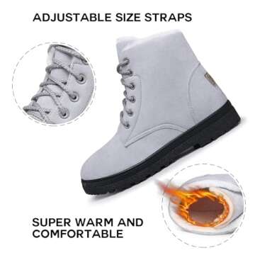 SHIBEVER Winter Snow Boots for Women: Gray Warm Fur Lined Ankle Boots Comfortable Suede Lace Up Booties Cute Flat Shoes Size 10.5