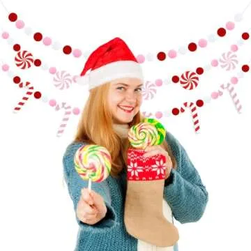 Doumeny 3Pcs Christmas Felt Ball Garland Candy Cane Felt Garland Banner Candy Peppermint Pompom Bunting Garland Xmas Pink White Party Banner Winter Hanging Banner for Home Christmas Tree Wall Decor