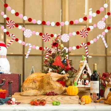 Doumeny 3Pcs Christmas Felt Ball Garland Candy Cane Felt Garland Banner Candy Peppermint Pompom Bunting Garland Xmas Pink White Party Banner Winter Hanging Banner for Home Christmas Tree Wall Decor