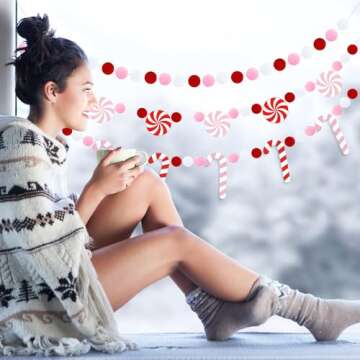 Doumeny 3Pcs Christmas Felt Ball Garland Candy Cane Felt Garland Banner Candy Peppermint Pompom Bunting Garland Xmas Pink White Party Banner Winter Hanging Banner for Home Christmas Tree Wall Decor