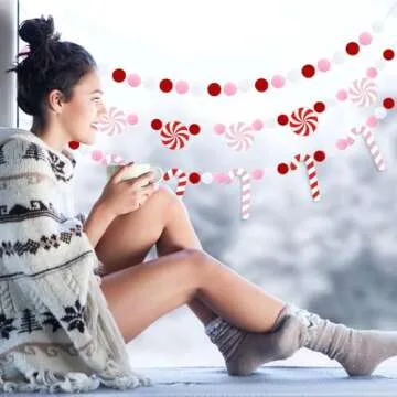 Doumeny 3Pcs Christmas Felt Ball Garland Candy Cane Felt Garland Banner Candy Peppermint Pompom Bunting Garland Xmas Pink White Party Banner Winter Hanging Banner for Home Christmas Tree Wall Decor