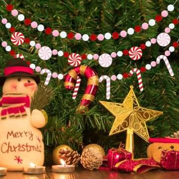 Doumeny 3Pcs Christmas Felt Ball Garland Candy Cane Felt Garland Banner Candy Peppermint Pompom Bunting Garland Xmas Pink White Party Banner Winter Hanging Banner for Home Christmas Tree Wall Decor