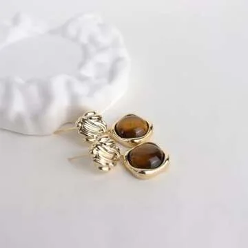 Sonateomber Gold Chunky Tiger Eye Stone Dangle Drop Earrings for Women, Valentine Vintage Statement Brown Natural Gemstone Square Dangling Hypoallergenic Earing Jewelry Gift.