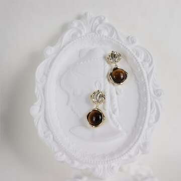 Sonateomber Gold Chunky Tiger Eye Stone Dangle Drop Earrings for Women, Valentine Vintage Statement Brown Natural Gemstone Square Dangling Hypoallergenic Earing Jewelry Gift.