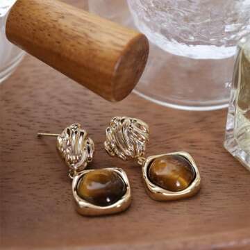 Sonateomber Gold Chunky Tiger Eye Stone Dangle Drop Earrings for Women, Valentine Vintage Statement Brown Natural Gemstone Square Dangling Hypoallergenic Earing Jewelry Gift.