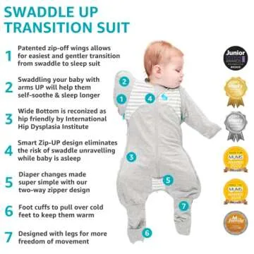 Love to Dream Swaddle UP Transition Suit, Gray, Large, 19-24 lbs, Patented Zip-Off Wings and Unique Self-Soothing Sleeves, Safely Transition from Swaddled to Arms-Free Before Rolling Over