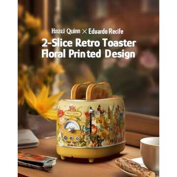 Hazel Quinn X Eduardo Recife Collaboration 2-Slice Retro Toaster, 6 Browning Levels, 3 Functions-Def...