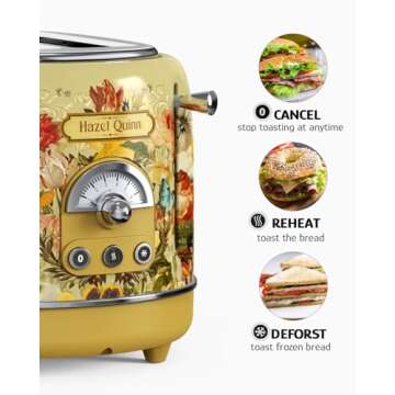 Hazel Quinn X Eduardo Recife Collaboration 2-Slice Retro Toaster, 6 Browning Levels, 3 Functions-Defrost/Reheat/Cancel, Removable Crumb Tray for Easy to Clean, 1.5 Inches Extra Wide Slots