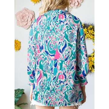 Astylish Womens Romantic Lantern Sleeve Shirt Soft Breathable Fit Paisley Print V-Neck Retro Button Down Shirts Sky Blue Large