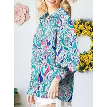 Astylish Womens Romantic Lantern Sleeve Shirt Soft Breathable Fit Paisley Print V-Neck Retro Button Down Shirts Sky Blue Large