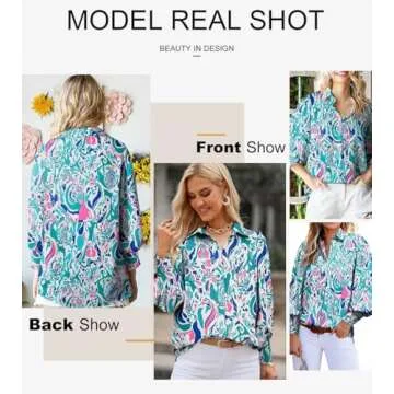 Astylish Womens Romantic Lantern Sleeve Shirt Soft Breathable Fit Paisley Print V-Neck Retro Button Down Shirts Sky Blue Large