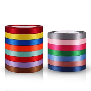 Satin Ribbon, FLOWVE 15 Colors 375 Yard Silk Ribbon Fabric Ribbon Embellish Ribbon Rolls, 2/5" Wide 25 Yard/Roll, Ribbons for Crafts, Hair Bows, Gift Wrapping, Wedding Party Decoration and More
