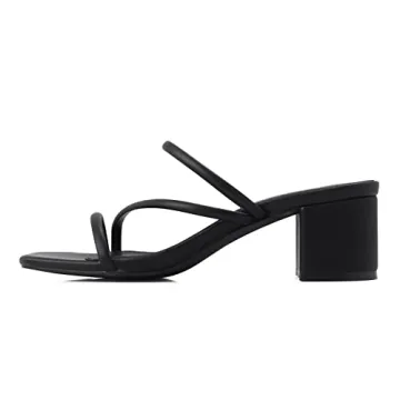 Shoe'N Tale Strappy Heels For Women Low Chunky Block Heel Heeled Sandals Square Open Toe Slip On Slides Mules(10,Black)