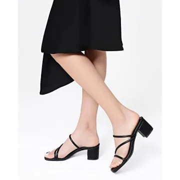 Shoe'N Tale Strappy Heels For Women Low Chunky Block Heel Heeled Sandals Square Open Toe Slip On Slides Mules(10,Black)