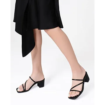 Shoe'N Tale Strappy Heels For Women Low Chunky Block Heel Heeled Sandals Square Open Toe Slip On Slides Mules(10,Black)