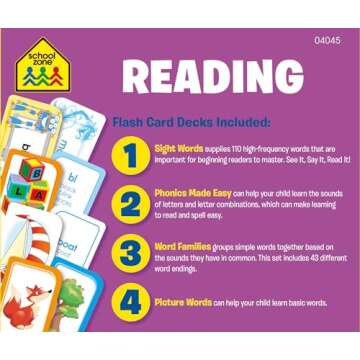 School Zone - Reading 4-Pack Flash Cards - Ages 4+, Kindergarten, 1st Grade, Sight Words, Phonics Ma...