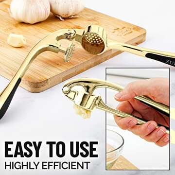 Zulay Kitchen Premium Garlic Press with Soft, Easy to Squeeze Handle - Includes Silicone Garlic Peeler & Cleaning Brush - 3 Piece Garlic Mincer Tool - Sturdy Easy to Clean Garlic Crusher (Gold)