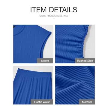 BTFBM Women Two Piece Skirt Set Casual Ribbed Knit Crew Neck Short Sleeve Cropped Top Elastic Waist Swing Midi Skirts(Solid Blue, Small)