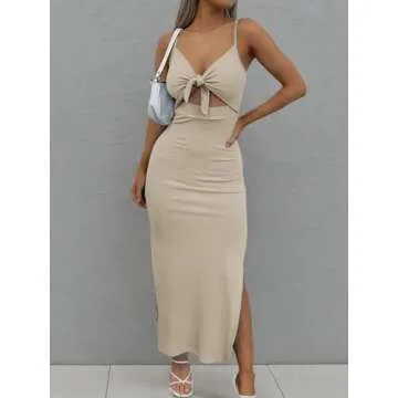 LYANER Women's Tie Knot Cut Out Side Split Slit Hem Sleeveless Knit Bodycon Maxi Dress Beige Large