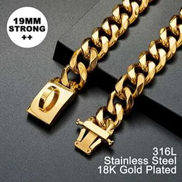 Gold Dog Chain Collar Walking Metal Chain Collar with Design Secure Buckle,18K Cuban Link Strong Heavy Duty Chew Proof for Small Dogs(19MM, 10")