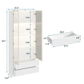 Homsee 78.7" H Bookcase Bookshelf with LED Lights, Glass Doors and Drawers, 4-Tier Display Storage C...