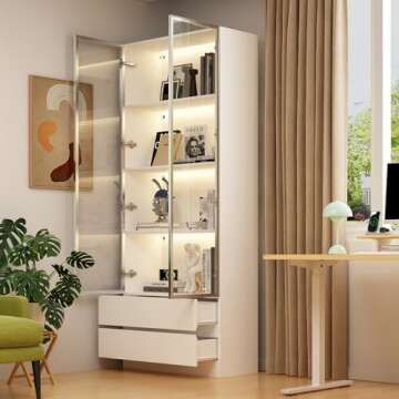 Homsee 78.7" H Bookcase Bookshelf with LED Lights, Glass Doors and Drawers, 4-Tier Display Storage Cabinet for Home Office, Living Room, White