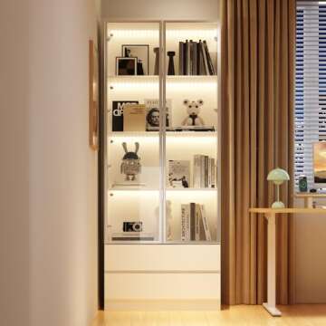 Homsee 78.7" H Bookcase Bookshelf with LED Lights, Glass Doors and Drawers, 4-Tier Display Storage Cabinet for Home Office, Living Room, White