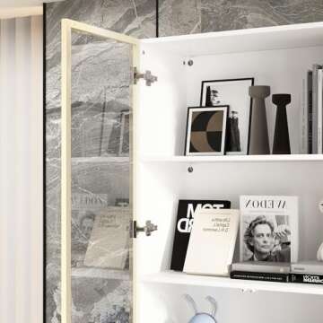 Homsee 78.7" H Bookcase Bookshelf with LED Lights, Glass Doors and Drawers, 4-Tier Display Storage Cabinet for Home Office, Living Room, White