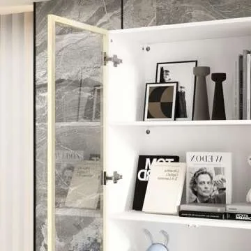 Homsee 78.7" H Bookcase Bookshelf with LED Lights, Glass Doors and Drawers, 4-Tier Display Storage Cabinet for Home Office, Living Room, White