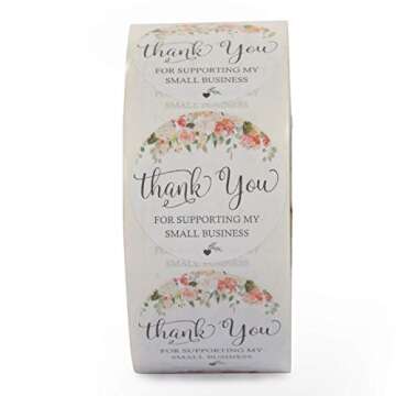 1.5" Round Floral Thank You for Supporting My Small Business Stickers. 1000 Labels Perfect for Bakeries, Handmade Goods & Small Business Owners.