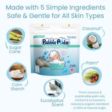 TruKid Bubble Podz Bubble Bath for Baby & Kids, Gentle Refreshing Bath Bomb for Sensitive Skin, pH Balance 7 for Eye Sensitivity, Natural Moisturizers and Ingredients, Eucalyptus (24 Podz)