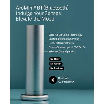 Upgraded: AromaTech AroMini BT Scent Diffuser w/Bluetooth – Cold-Air Diffusion Scent Machine for Home, Office, Hotel, Spa – Nebulizing Diffusion System for Essential Oil Blends – Silver