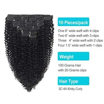 10 Pcs/Set Kinky Curly Clip Ins Hair Extensions Human Hair 16 Inch - Real Thick Brazilian Curly Human Hair for Black Women - Natural Black Color 3C 4A Afro Kinkys Curly 20 Clip Ins 120 Gram