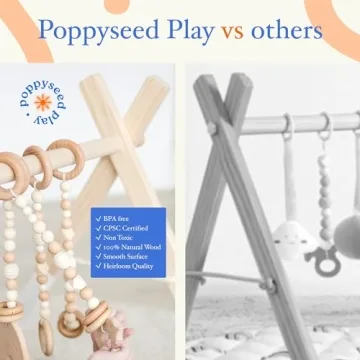 Modern Wooden Baby Play Gym for Babies 0-12 Months Cognitive & Motor Skills Foldable Infant Play Gym with Hanging Toys Wood Play Gym Unisex Nursery Decor (White Wood, Macrame Toys)