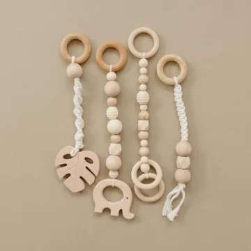 Modern Wooden Baby Play Gym for Babies 0-12 Months Cognitive & Motor Skills Foldable Infant Play Gym with Hanging Toys Wood Play Gym Unisex Nursery Decor (White Wood, Macrame Toys)