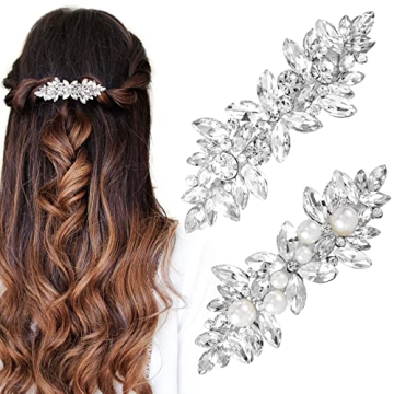 HINZIC 2Pcs Rhinestone Hair Clips - Crystal Pearl Hair Barrettes for Special Occasions