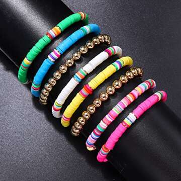 XOCARTIGE Surfer Heishi Bracelets for Women Stackable Rainbow Vinyl Disc Clay Beaded Stretch Bracelets Elastic Layering Friendship Bracelets Boho Summer Beach Jewelry (Style D)