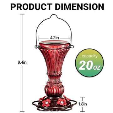 Beserie Glass Hummingbird Feeder - Hand Blown, 20 Oz Capacity, Red Glass