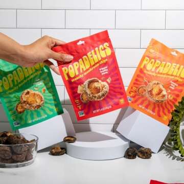 Popadelics Crunchy Mushroom Chips Variety Pack Shiitake Mushroom Crisps, Lightly Cooked and Seasoned, Vegan Chips, Vegan Snacks, Vegan Food, 1.4 oz ea (6 Count)