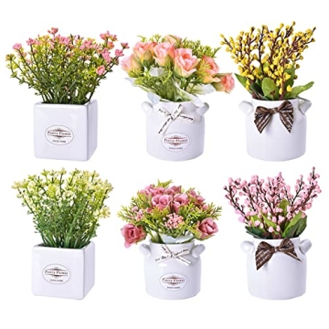 LUEUR 6Pcs Artificial Flowers with Ceramic Pot Fake Flower Arrangements Small Faux Spring Flowers in...