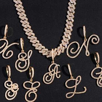 PTJDSMF Gold Silver Plated Initial Cuban Link Chain Necklace for Women Cursive Letter Gold Miami cuban link chain Iced out chain with pendant for women (Gold, P)